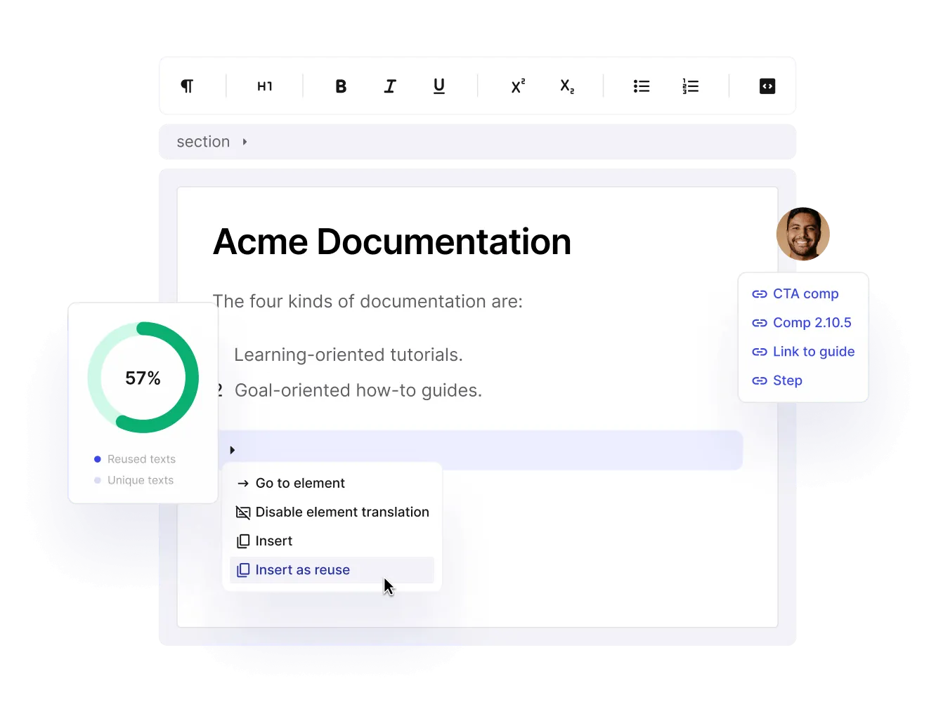 Acme Documentation topic in the Paligo editor with the Insert as reuse menu and a 57% reused texts chart